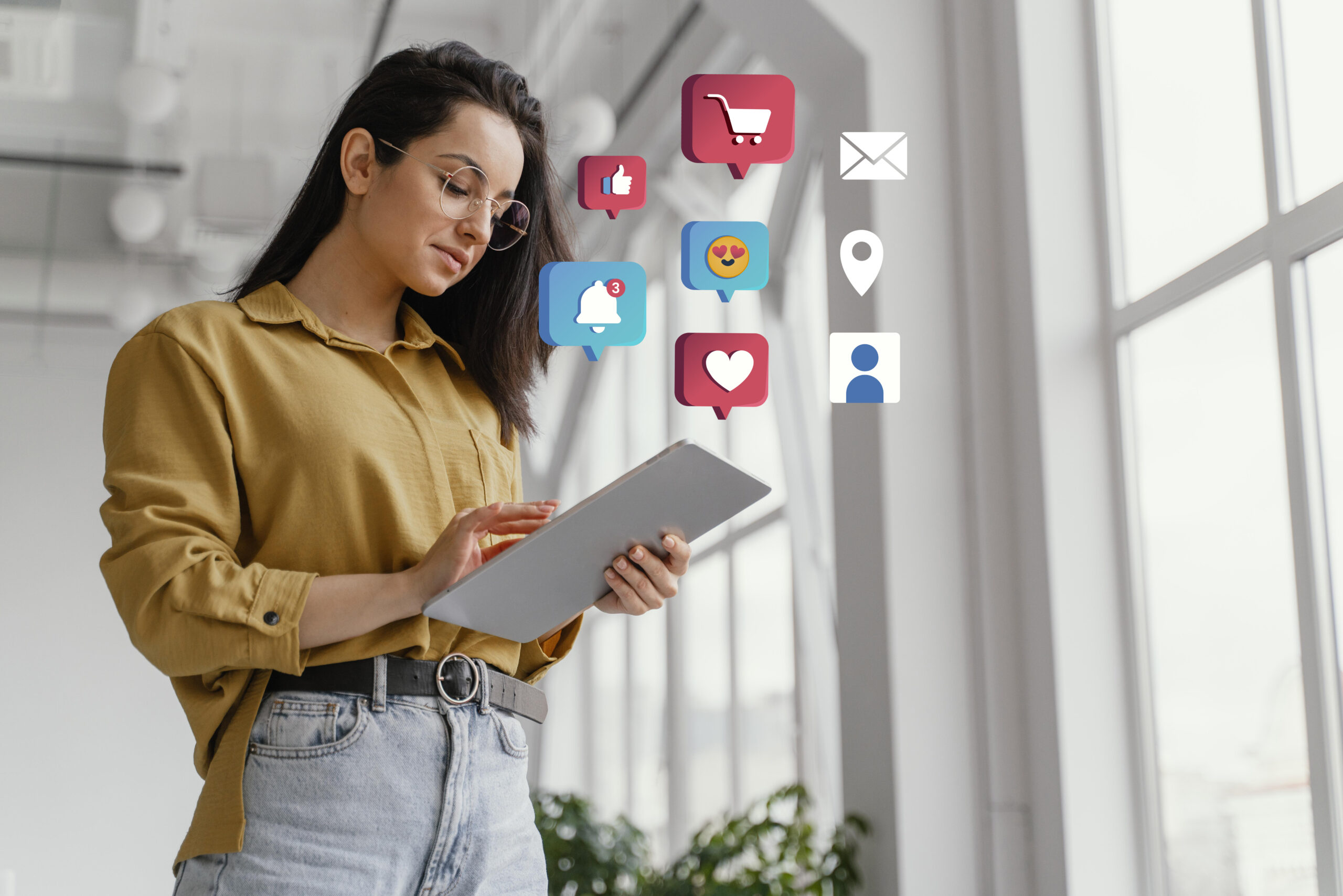 girl content marketing icon and tablet